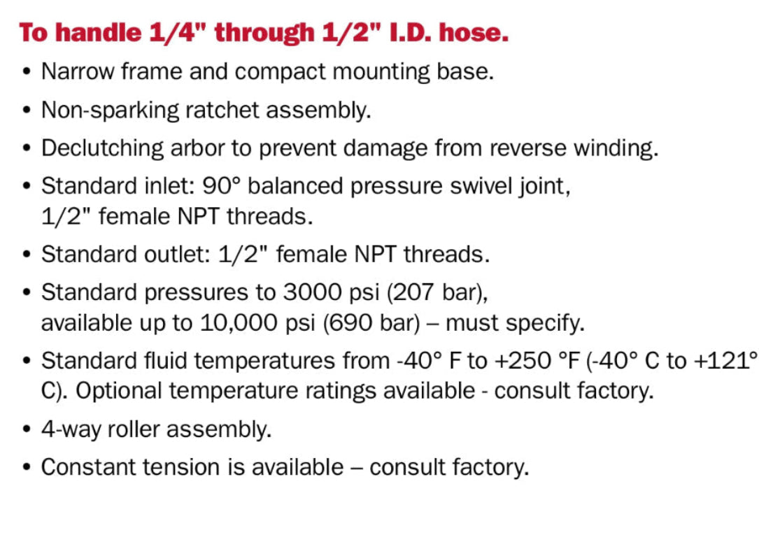 Technical specifications of a hose assembly on a white background