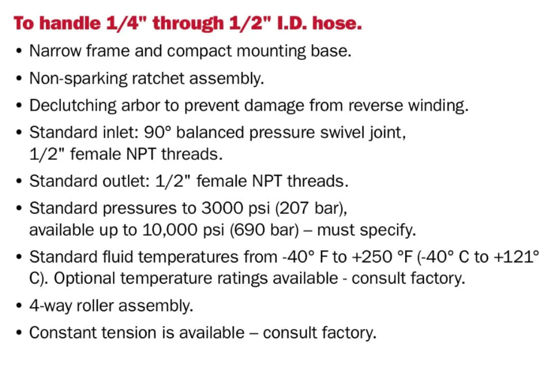 Technical specifications of a hose assembly on a white background